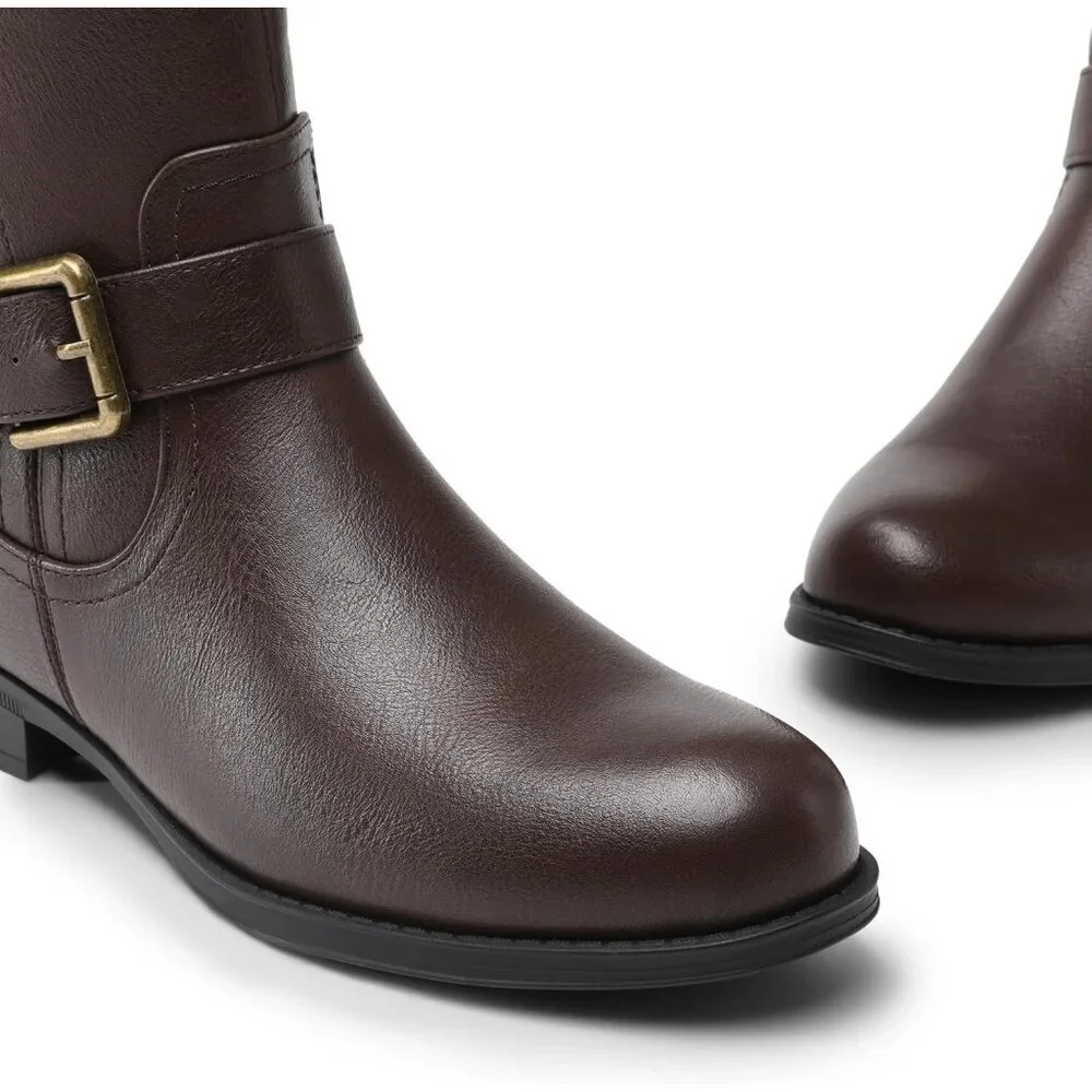 Women's Faux Leather Brown Knee High Buckle Chunky Heel Flat Riding Pirate Boots